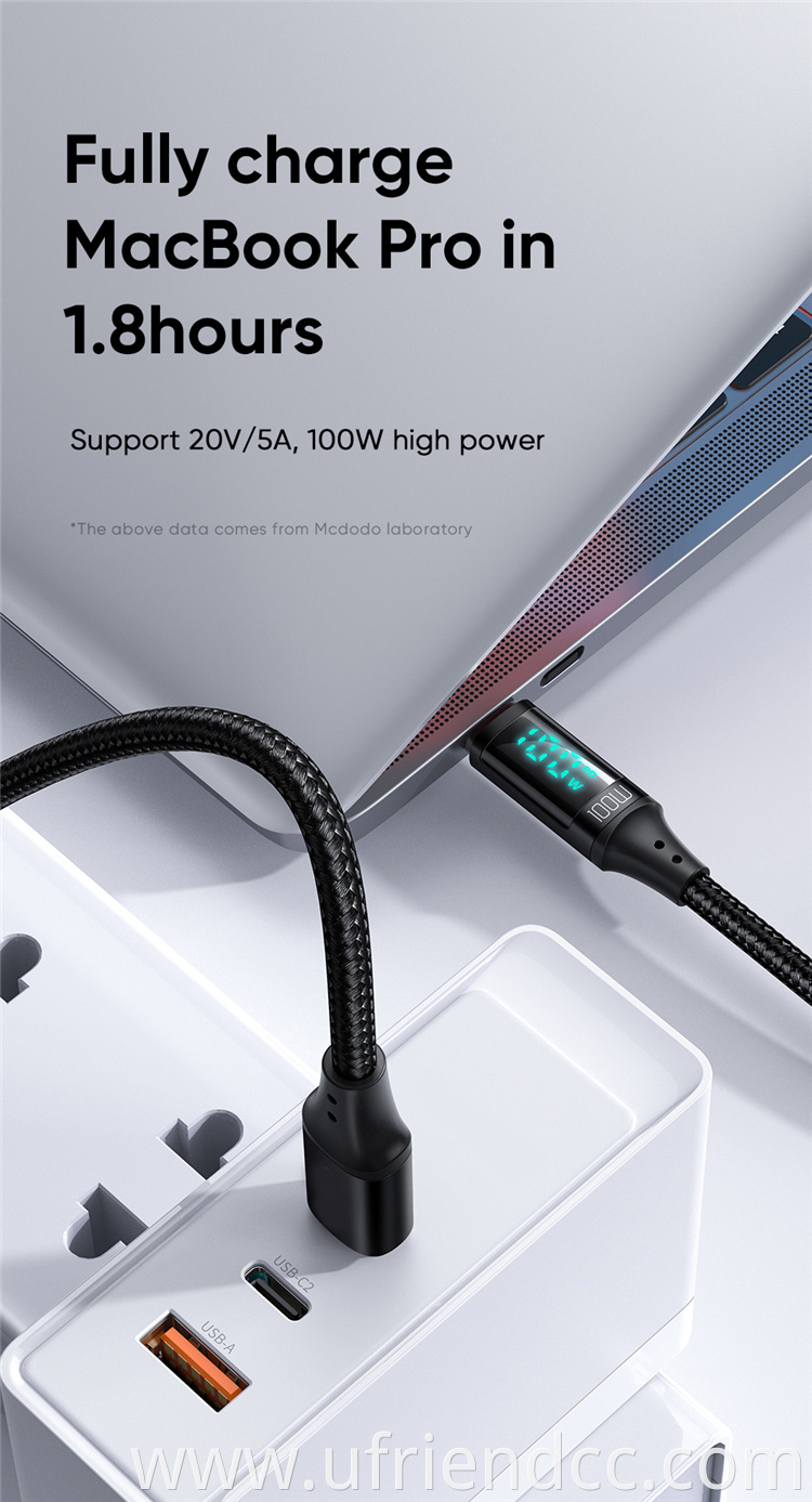 PD 100W FAST charger USB Type C to Type C cable with Display for phone laptop video camera battery